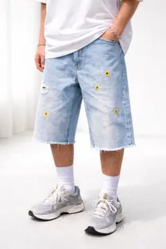 Levi’s バギーショーツ　リメイク　デニム　刺繍花柄　ジョーツ　ハーフパンツ