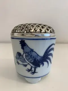 【美品】源右衛門窯 染付 鶏図 香炉 透かし蓋付 （新品-未使用）
