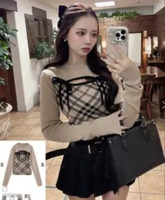 チェック柄フロントオープンリボンニットトップス[ru1374]