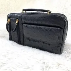 美品✨オーストリッチ本革 セカンドバッグ 黒 2層 エキゾチックレザー