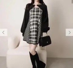 LIP SERVICE フェザーチェックアンサンブルワンピース黒フレア