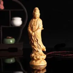 木彫仏像 置物 観音像 観音菩薩立像 高級天然ツゲ木彫り 仏壇仏像 蓮台柘植