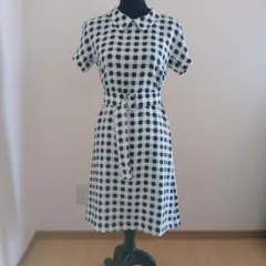 美品 マックス&コー ホワイト＆ブラックチェック柄 襟付きワンピース