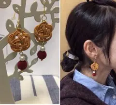 冬新作☆水引ピアス　梅結びオレンジパールレッド