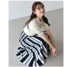 ワンピース ボーダー柄ニットドッキングワンピース 半袖 ミモレ丈