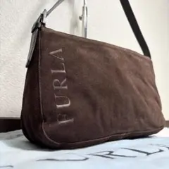 極美品✨ フルラ ワンショルダー　デカロゴ スエード レザー ダークブラウン