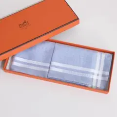 HERMES エルメス ハンカチ コットン ブルー系 水色 箱付き【美品】