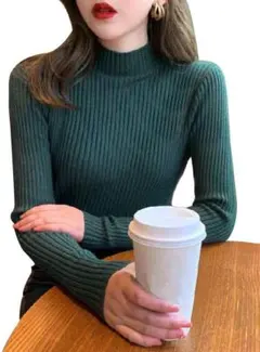 リブニット タートルネック セーター 緑 無地 秋冬 美品 新品未使用
