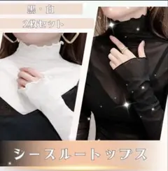 シースルートップス ポリエステル 黒 白 ハイネック メロウデザイン 2枚セット