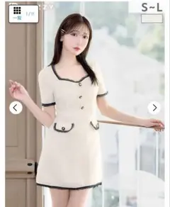 高見えするキラキラスパンコールツイード生地×華奢魅せ半袖Aラインミニキャバドレス