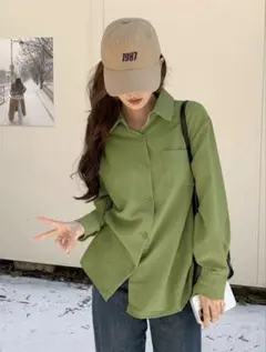 SHEIN グリーン シャツ 長袖 ブラウス 春コーデ カジュアル