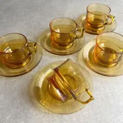 レトロ ヴィンテージ アンバーガラス コーヒーカップ 5客 カップ&ソーサー