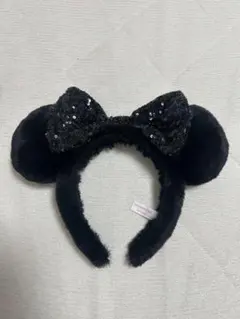 ミニー　黒カチューシャふわふわリボンスパンコール付き