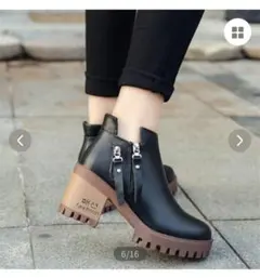 ショートブーツ ヒール付き 厚底 ブラック