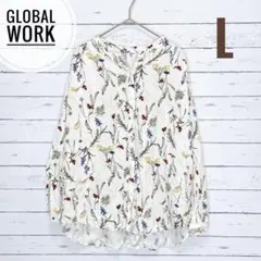 1756【グローバルワーク】さらさらリラックスプリントブラウス 花柄 ノーカラー