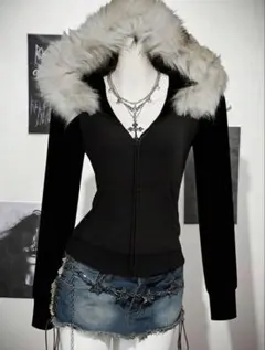 ファー 付き フード ジップアップ ジャケット Y2K ギャル グランジ