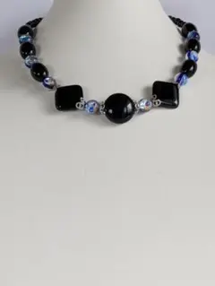 新作10月【天然石オニキス、トンボ玉風ラウンド一連ネックレス】ハンドメイド