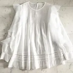 極美品 bow.a ボウエー オーガンジーフリルレースピンタックブラウス F