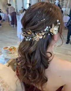 ゴールド花とパールのヘッドドレス