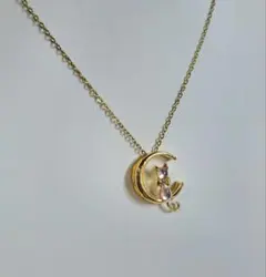 猫　三日月　ネックレス　ゴールド　ラインストーン　レディース