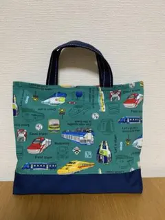 NO.240 ☆ハンドメイドお道具袋　グリーン電車柄