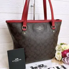 美品☆COACHコーチ トートバッグ レザー ブラウン レッド シグネチャー