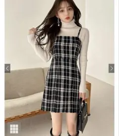 ツイードチェック柄ミニワンピース[pp094]ブラック