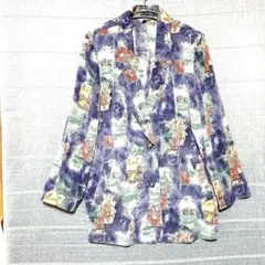 [未使用級] 薄手 テーラードジャケット 幾何学模様 ブルー グリーン L