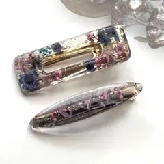 ブルーとピンク　押し花デザイン ヘアクリップ 2個セット