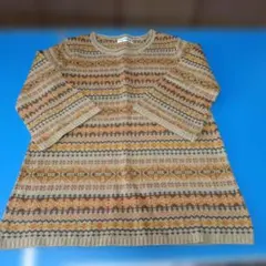 幾何学模様 ベージュ系 ニットチュニック 七分袖、レディースL