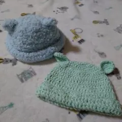 クマ耳付きベビー帽子セット（水色・緑色）　ハンドメイド