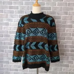 レリアン ウール混セーター 幾何学 総柄 ニット М ターコイズブルー レトロ