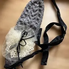 グレー ニットヘアバンド レースリボン