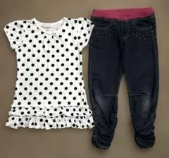 水玉模様フリル付きトップスとデニムパンツセット 130