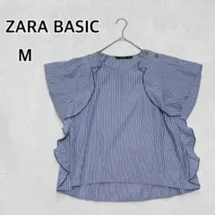 【ザラベーシック】ブルー ストライプ フリル袖ブラウス M 夏トップスi5728