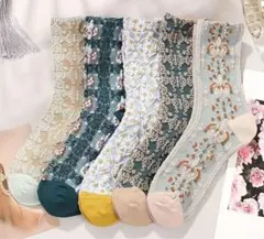 新品5足セット◆レトロ立体刺繍オシャレ靴下、北欧ボタニカルクラシックデザイン