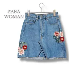 ZARA ザラ　花柄刺繍デニムスカート　ひざ丈　フレア　ライトブルー　S