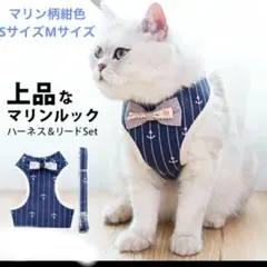 新品　紺色　マリン柄　Sサイズ　 猫小型犬うさぎ用　ハーネス＆リードセット