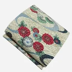 ユ96名古屋帯 総柄　紬 型染 花唐草模様 麦藁色 正絹 着物帯　仕立て上り