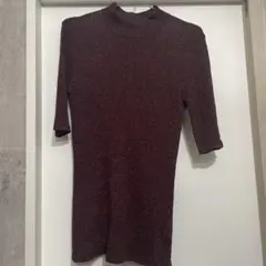 バーガンディ ラメ ハイネック 半袖ニット タートルネックvintage 古着