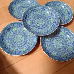 青と緑の花柄皿 5枚セット