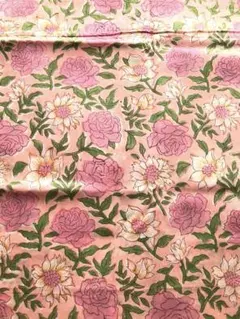 1M インドブロックプリント生地　ピンク　バラ　新品未使用