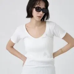 ヤング&オルセン　イエナ　Uネック リブカットソー 半袖 ホワイト　限定完売品
