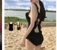 フリル ワンピース水着 ブラック M バックシャンスイムウェアのサムネイル