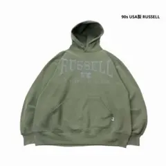 【USA製】90s RUSSELL ATHLETICパーカー プリント 緑系 L