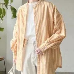 【Lian】リアン　リネンライクストライブバンドカラーシャツ　オレンジ×白　Fのサムネイル