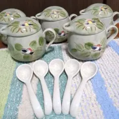 ほぼ未使用 陶器製スープカップ5個 スプーン５客セット 鳥と葉のデザイン