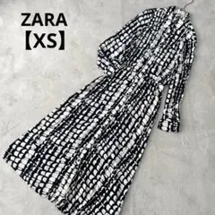 ザラ【海外XS】総柄ロングシャツワンピース 黒×アイボリー ウエストゴム入り