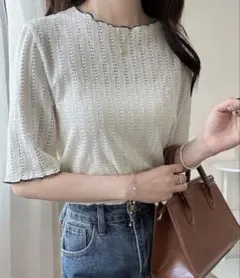 透かしニット 半袖 トップス XL アイボリー