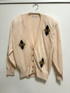 アーガイル柄 金ボタン ニットカーディガン ピンクベージュ M